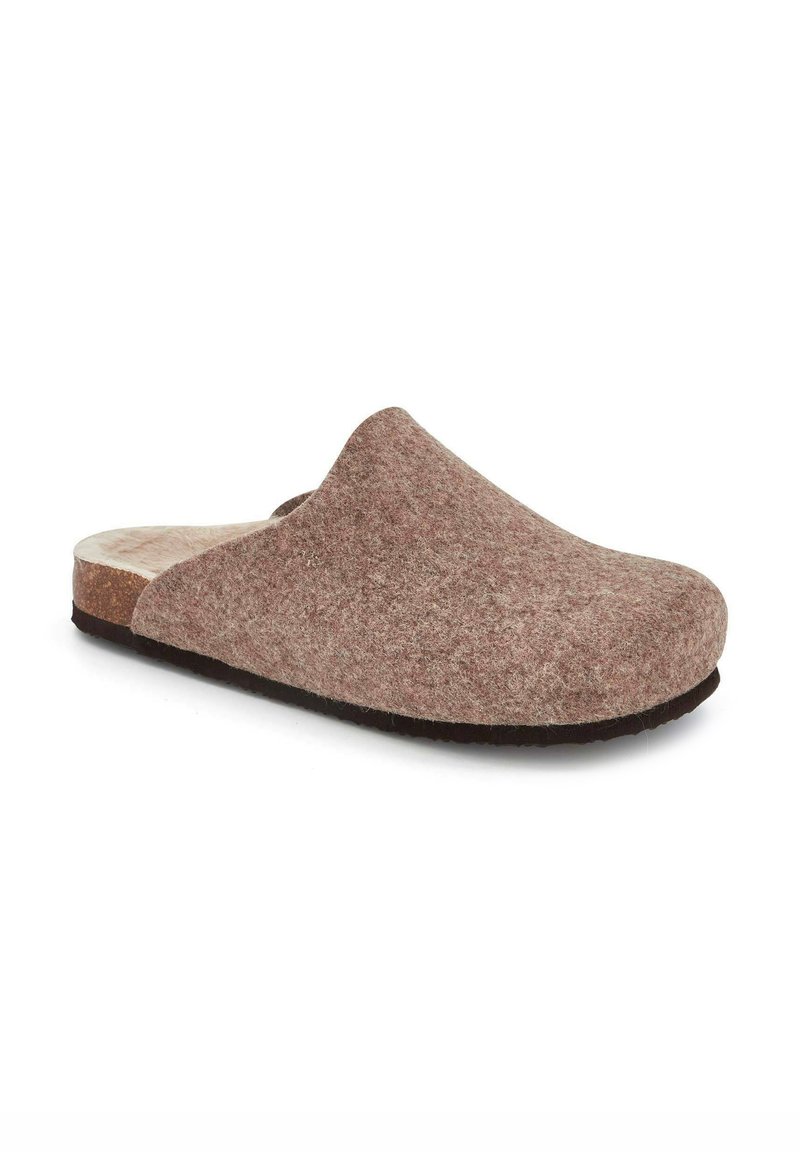 Braune Filz-Innenschuhe zum Einschlüpfen mit Korksohle und schwarzem Gummiuntergrund, entworfen für Komfort und Wärme.