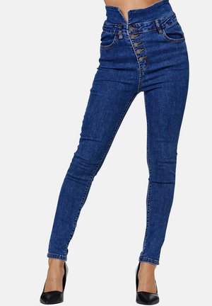 Jean en denim bleu taille haute avec une silhouette ajustée, fermeture à cinq boutons et détails de couture classiques. Texture lisse sur l'ensemble.