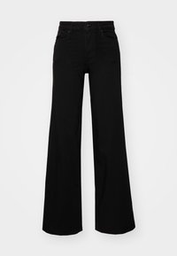 Pantalones de pierna ancha negros, hechos de una tela suave, que presentan un botón en la parte delantera, cremallera y dos bolsillos frontales para un diseño limpio y minimalista.
