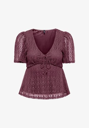 Blusa in pizzo viola con maniche a sbuffo, scollo a V e dettaglio annodato sul davanti, caratterizzata da un motivo floreale intricato.