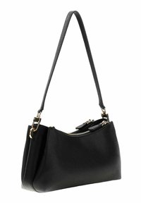 Sac à main en cuir texturé noir avec une seule bandoulière réglable et deux fermetures éclair dorées sur le dessus.