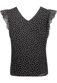 Top nero a maniche corte con scollo a V, decorato con pois bianchi e maniche a volant. Realizzato in tessuto leggero con una texture liscia.