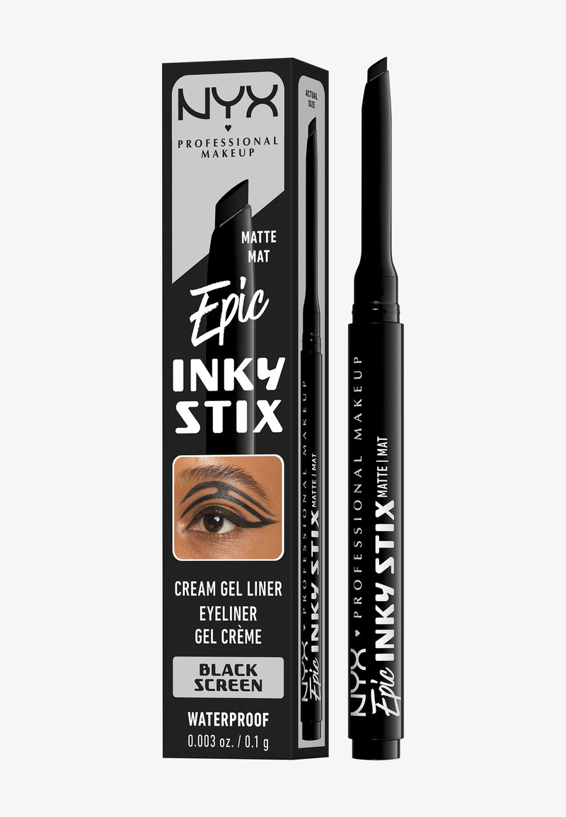 NYX Professional Makeup Epic Inky Stix mat sort cremegel eyeliner med skrå spids og eksempel på fed grafisk eyeliner.