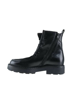 Schwarzer Lederknöchelstiefel mit seitlichem Reißverschluss, Schnürung vorne, Zuglasche an der Ferse und dicker Gummisohle mit Profil.