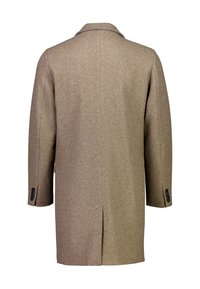 Manteau en laine marron à coupe droite, fente dans le dos, col cranté et poignets boutonnés. Tissu texturé avec un motif subtil, design ajusté.