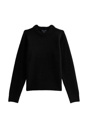 Black knitted sweater with a round neckline, long sleeves, and a fitted hem. Soft texture, no visible patterns or hardware accents.