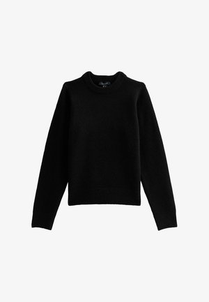 Schwarzer gestrickter Pullover mit rundem Ausschnitt, langen Ärmeln und schmalem Saum. Weiche Textur, keine sichtbaren Muster oder Hardware-Akzente.