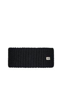 Fascia in maglia nera con texture a coste, dotata di una piccola etichetta crema con il marchio. Adatta per essere indossata in condizioni di freddo.