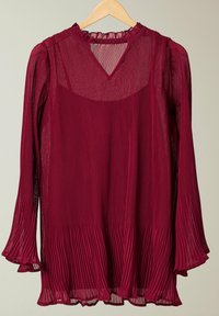 Blouse plissée rouge à manches longues, col volanté et décolleté en V. Fabriquée en tissu léger et transparent avec une silhouette fluide.