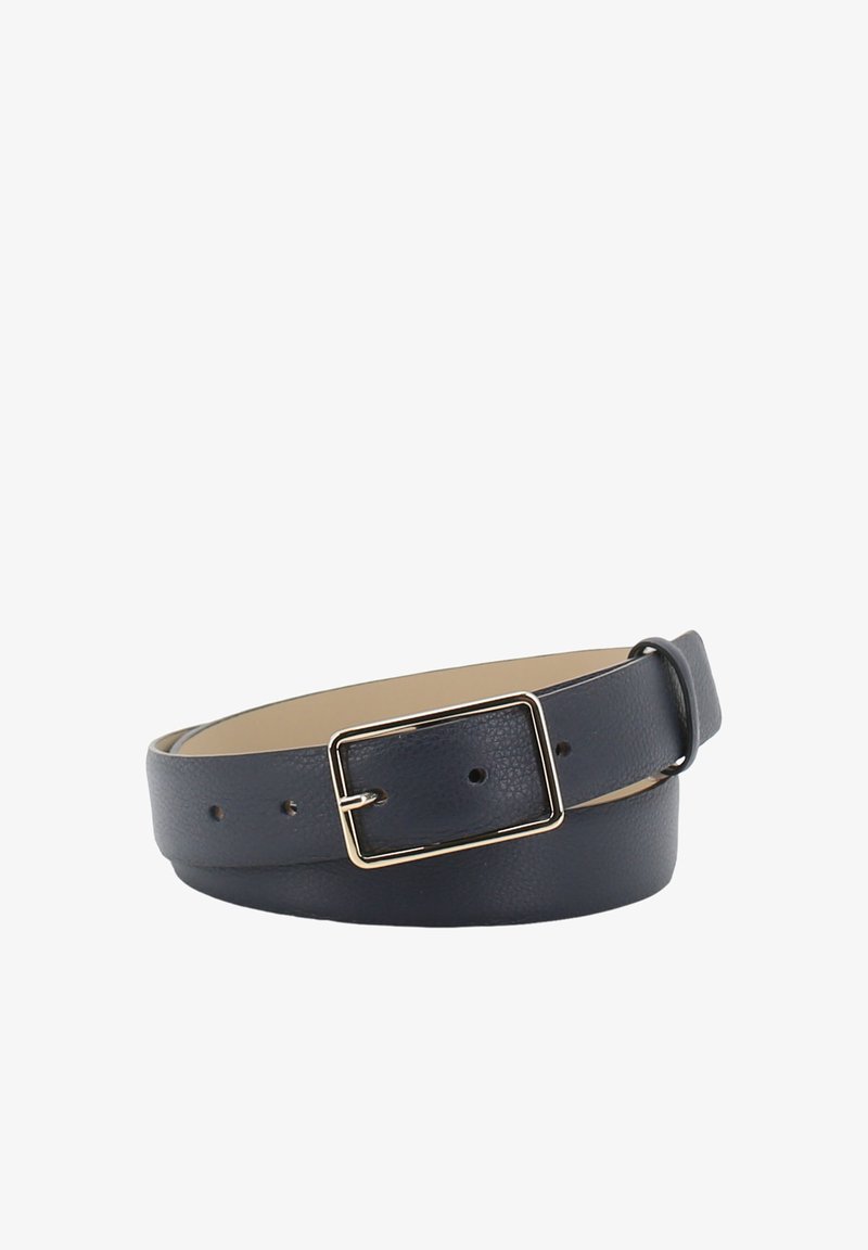 Navy blue leather belt with a textured finish, featuring a rectangular gold-tone buckle and several holes for adjustment.