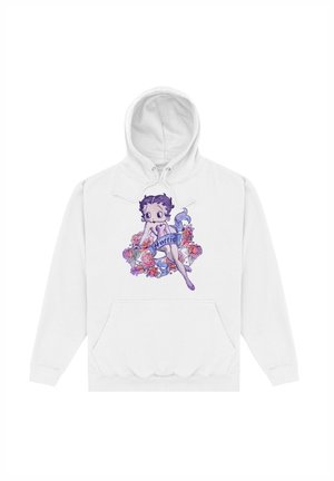 Biała bluza z kapturem z kolorową grafiką przedstawiającą postać i kwiaty. Projekt zawiera fioletowe i niebieskie akcenty oraz przednią kieszeń typu kangur.
