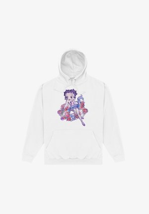 Biała bluza z kapturem z kolorową grafiką przedstawiającą postać i kwiaty. Projekt zawiera fioletowe i niebieskie akcenty oraz przednią kieszeń typu kangur.