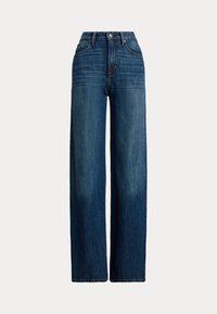 Bredde ben denimjeans i mørkeblå. Har høy midje, knapplukking og klassisk fem-lommers design. Glatt tekstur med subtile falminger.