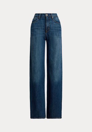 Bredde ben denimjeans i mørkeblå. Har høy midje, knapplukking og klassisk fem-lommers design. Glatt tekstur med subtile falminger.