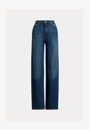 Φαρδιά τζιν παντελόνια σε σκούρο μπλε χρώμα. Διαθέτουν ψηλή μέση, κλείσιμο με κουμπί και κλασικό σχέδιο πέντε τσεπών. Λείο υφασμά με διακριτική φθορά.