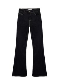 Löpare svarta denimjeans med guldtråd, framfickor, knappstängning och en mörk tvättfinish. Ligger platt.