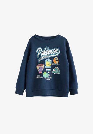 Marineblå sweatshirt med Pokémon-tekst og farverige mærker af Pikachu, Charmander, Gengar, Bulbasaur og Squirtle foran.