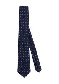 Marineblaue Krawatte aus strukturiertem Stoff, mit einem geometrischen Muster aus kleinen weißen Rauten und Quadraten über die gesamte Länge.