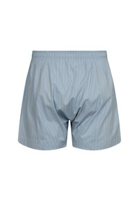 Vaaleansinisiä raidallisia bokseritakkeja, jotka on valmistettu pehmeästä kankaasta. Niissä on joustava vyötärö ja hieman väljä malli, jossa on sivusaumakuviointi.