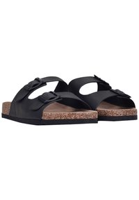 Schwarze Rutschsandalen mit zwei verstellbaren Riemen, einem Korkfußbett und einer strukturierten Sohle für Komfort und Unterstützung.