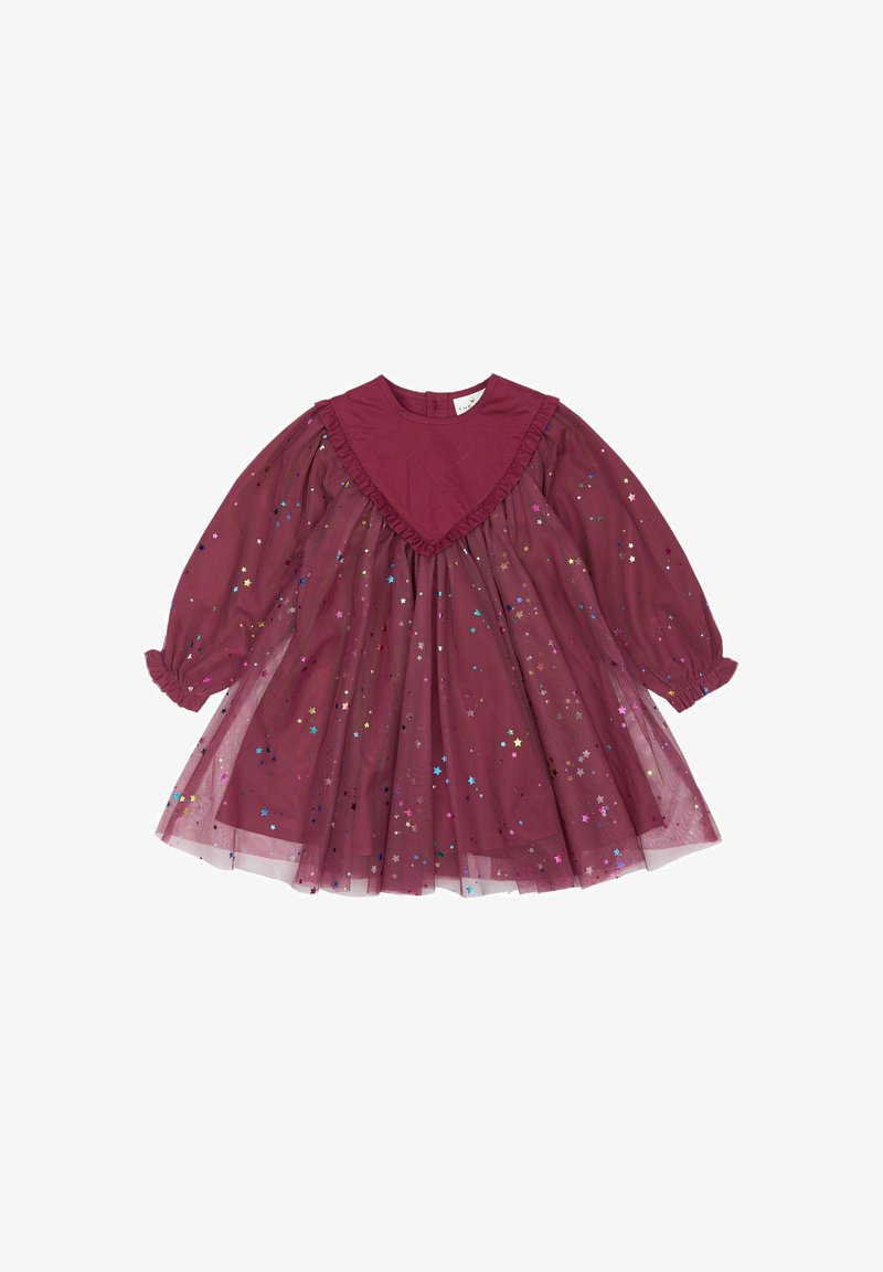 Bordo kleita ar cietu korpusu, viļņotu V formas kakla izgriezumu, garām piedurknēm un tilla svārkiem, kas izrotāti ar daudzkrāsainām zvaigžņu mirdzošām pērlītēm.