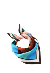 Eșarfă de mătase cu un design abstract colorat în nuanțe de albastru, roz și verde, finisată cu o margine contrastantă maro.