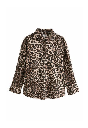 Košulja s leopard uzorkom u bež i crnoj boji. Ima ovratnik, duge rukave i prednju džep. Napravljena je od meke, teksturirane tkanine.