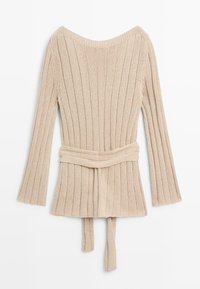 Beige ribbed knit sweater with long sleeves and a matching belt tied around the waist, displayed flat on a white background.