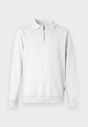 Sweatshirt gris clair avec un col zippé, des manches longues, des poignets et un ourlet côtelés. Fabriqué en tissu doux et texturé. Sans motifs ni accents.