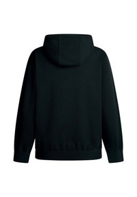 Svart hoodiesweatshirt med långa ärmar, ribbade ärmslut och nederkant. Mjuk textur med minimala sömmar och inga synliga dekorationer.