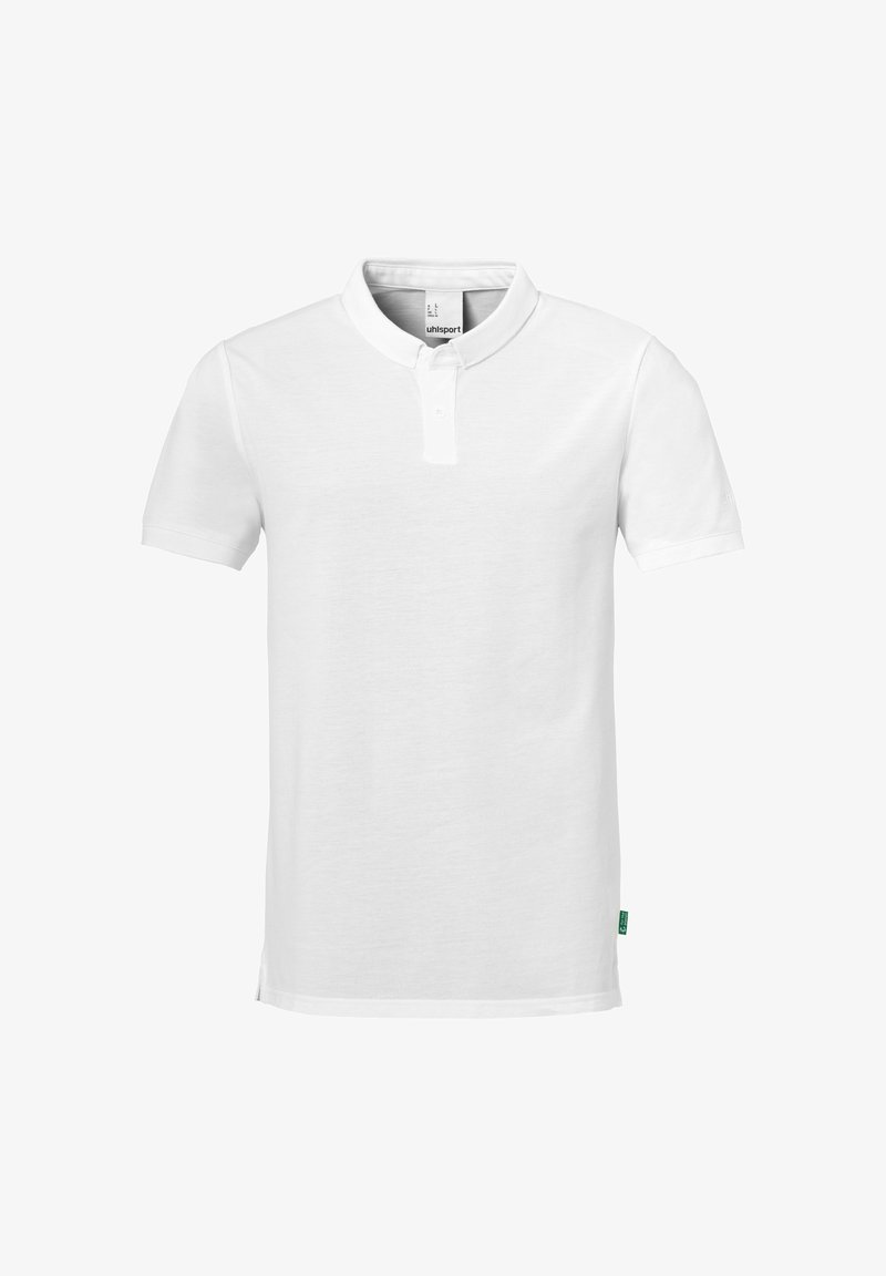 Klassisk hvid kortärmet polo shirt med en to-knaps placket, et lille grønt mærke på siden og ribbede kraver og ærmeender.