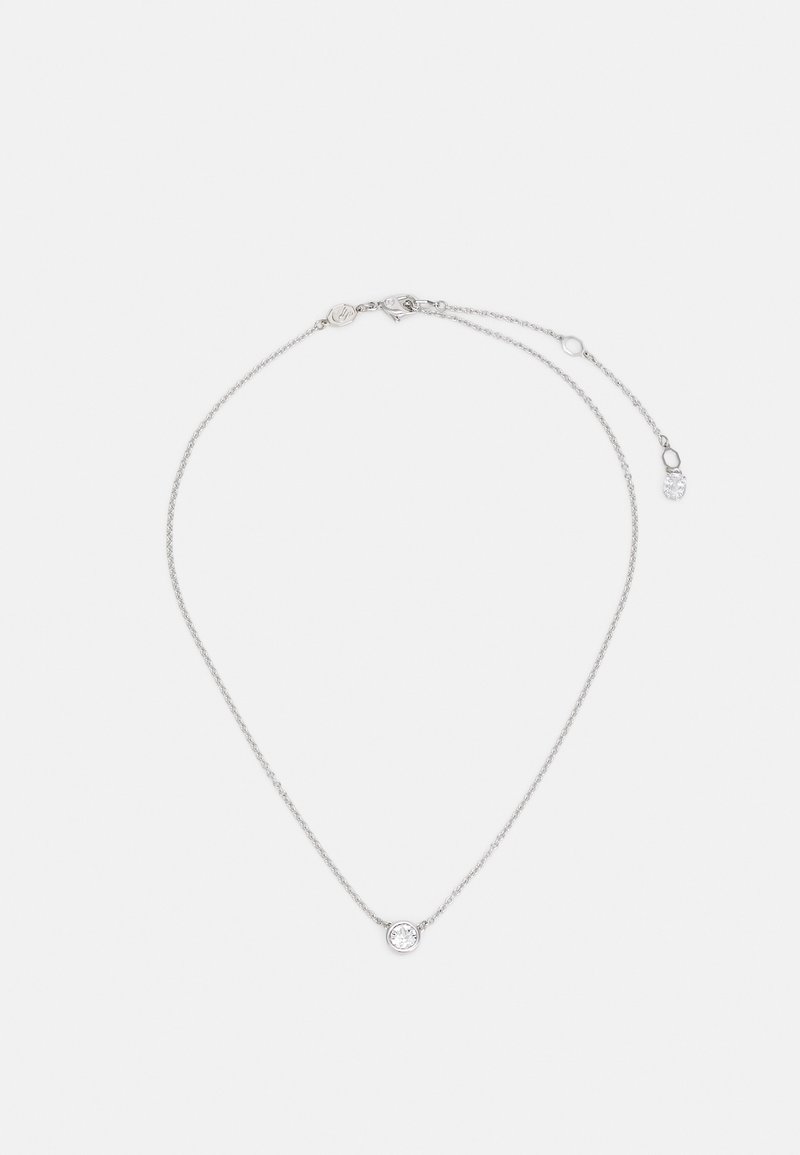 Collier en argent avec un pendentif central en cristal clair, des maillons délicats et un fermoir à ressort pour une longueur ajustable.