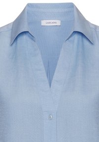 Light blue blouse with a V-neck, short sleeves, and a button closure. Made of textured fabric, featuring a label reading "Lascana."