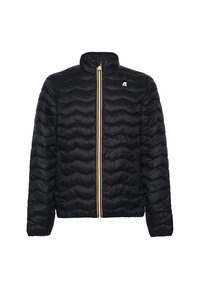Schwarze, voluminöse Jacke mit hohem Kragen, strukturiertem Obermaterial, gelben Reißverschlussdetails und Logo auf der linken Brust. Keine sichtbaren Taschen.