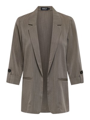 Light brown, open-front blazer made from textured fabric. Features a notch lapel, three-quarter sleeves, and two front pockets with button accents.