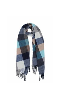 Multicolored checkered scarf made of soft fabric. Features navy, light blue, gray, and beige squares, with fringed ends.