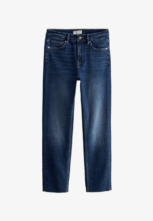 Jeans slim blu scuro, realizzati in denim, con un design a cinque tasche standard, chiusura con bottone metallico e dettagli di cucitura a contrasto.