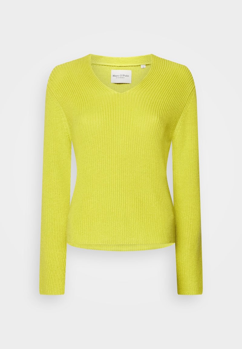Pull en maille jaune vif à manches longues, présentant un col en V et un tissu texturé, avec une silhouette ajustée et sans éléments métalliques visibles.