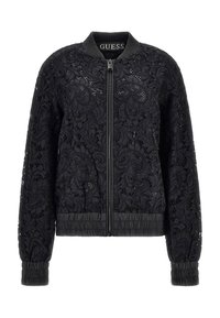 Black bomber jacket with lace overlay, zip front, ribbed collar and cuffs, elasticized hem, and floral pattern details.