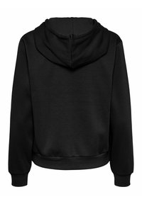 Svart hoodie med en slät textur, som har dragsko i huvan, ribbade manschetter och en kortad design som slutar vid midjan.