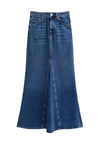 Denimhame keskipuuvärisellä sävyllä, jossa on leikkaus, etureikä, viisi taskua, vyölenkit ja metallinen nappisuljenta. Silkkinen rakenne.
