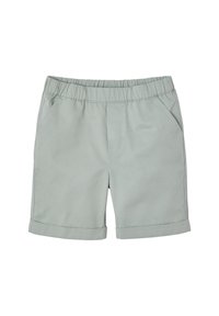 Light green cotton shorts with an elastic waistband, two front pockets, and rolled cuffs. Smooth texture, casual design.