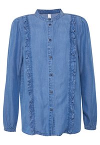 Light blue denim shirt with a high collar, front buttons, and ruffled side detailing, featuring long sleeves with gathered cuffs.