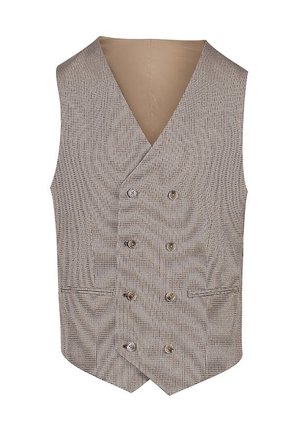 Męska beżowa kamizelka w kratę zapinana na sześć guzików, z dwoma przednimi kieszeniami, dekoltem w serek i zaostrzonym dołem.