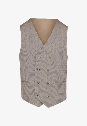 Męska beżowa kamizelka w kratę zapinana na sześć guzików, z dwoma przednimi kieszeniami, dekoltem w serek i zaostrzonym dołem.