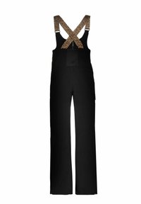 Schwarze Latzhosen mit weitem Beinschnitt, verstellbaren, kreuzförmigen Trägern im Leopardenmuster und einer glatten Textur. Verfügt über eine Rückentasche und seitliche Details.