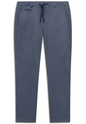 Men's slim-fit blue trousers with drawstring waist, side pockets, and textured fabric pattern.