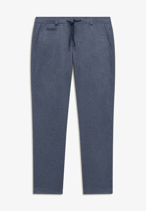Herren Slim-Fit blaue Hose mit Kordelzugbund, Seitentaschen und strukturiertem Stoffmuster.