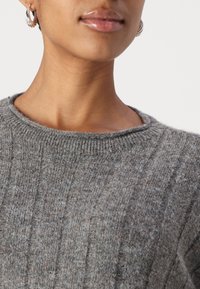 Close-up of a person wearing silver hoop earrings and a gray ribbed knit sweater with a round neckline.