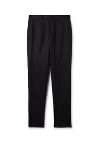 Pantalones negros con un corte recto, fabricados en una tela suave. Cuenta con bolsillos frontales y un cierre de botón en la cintura.